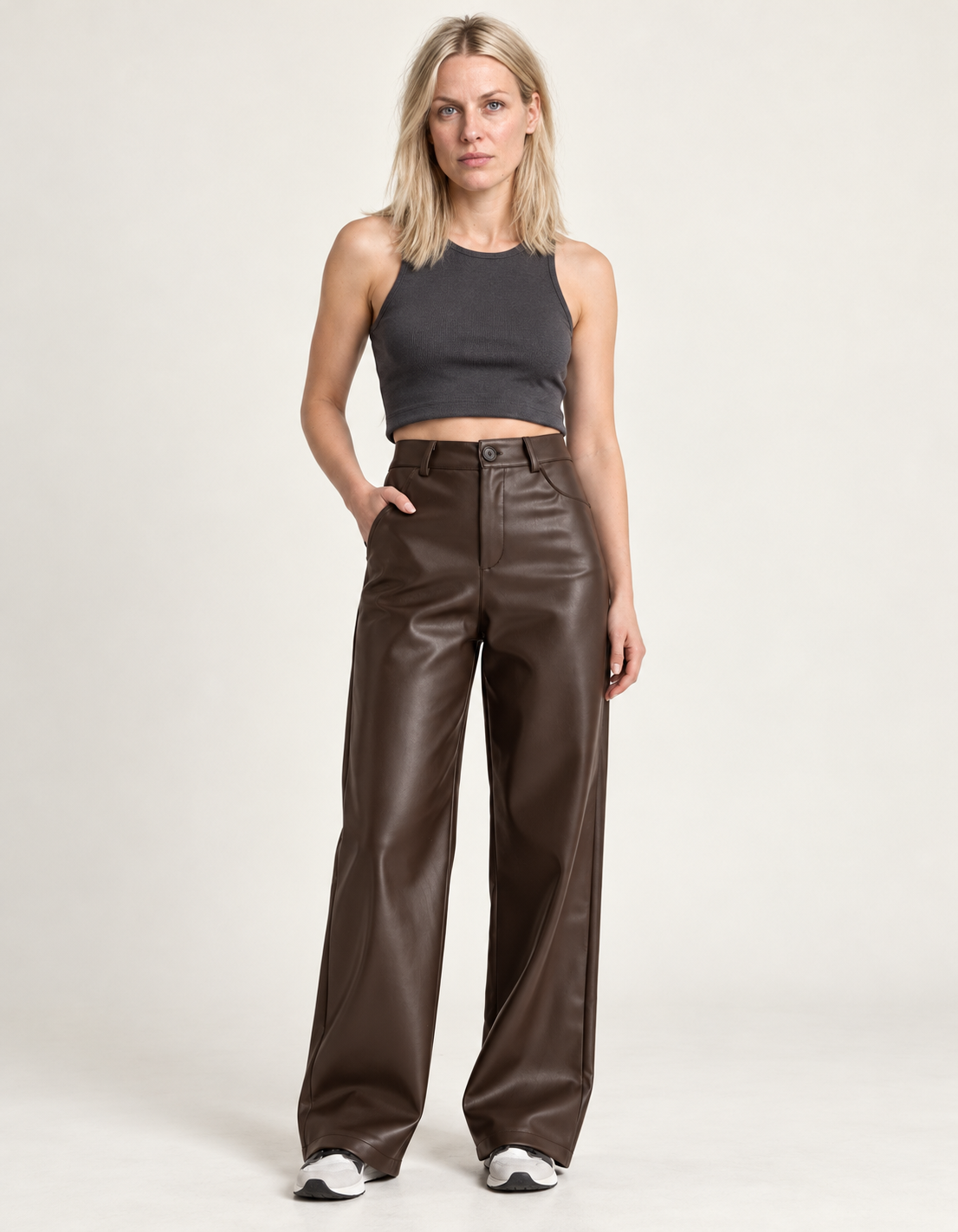 Bryndis | Fleece-Lined Leather-Look Wide-Leg Trousers