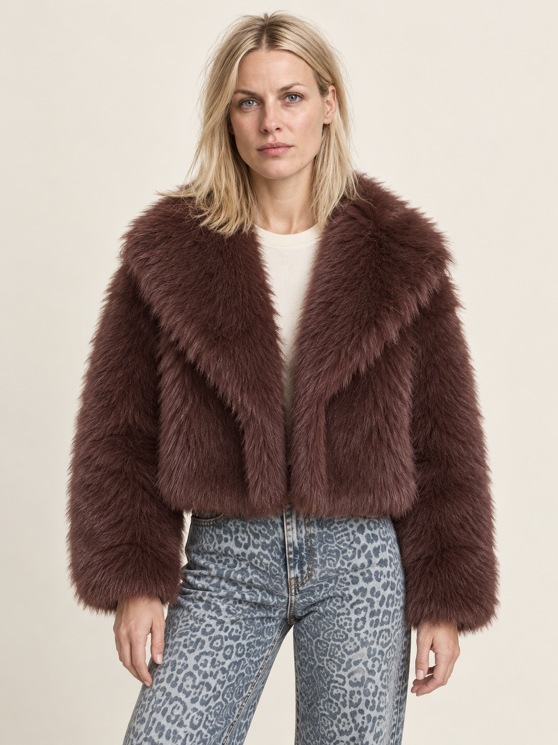 Gabrielle | Wide-Collar Shaggy Faux Fur Cropped Jacket
