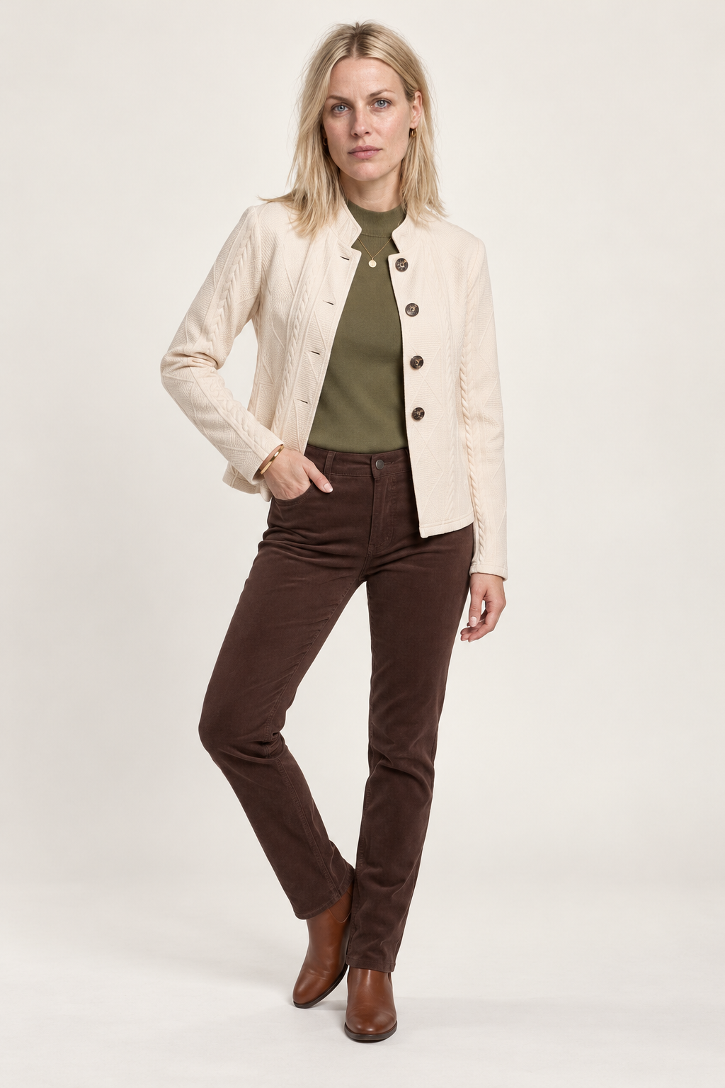 Lenka | Cable-Texture Stand-Collar Button-Front Jacket
