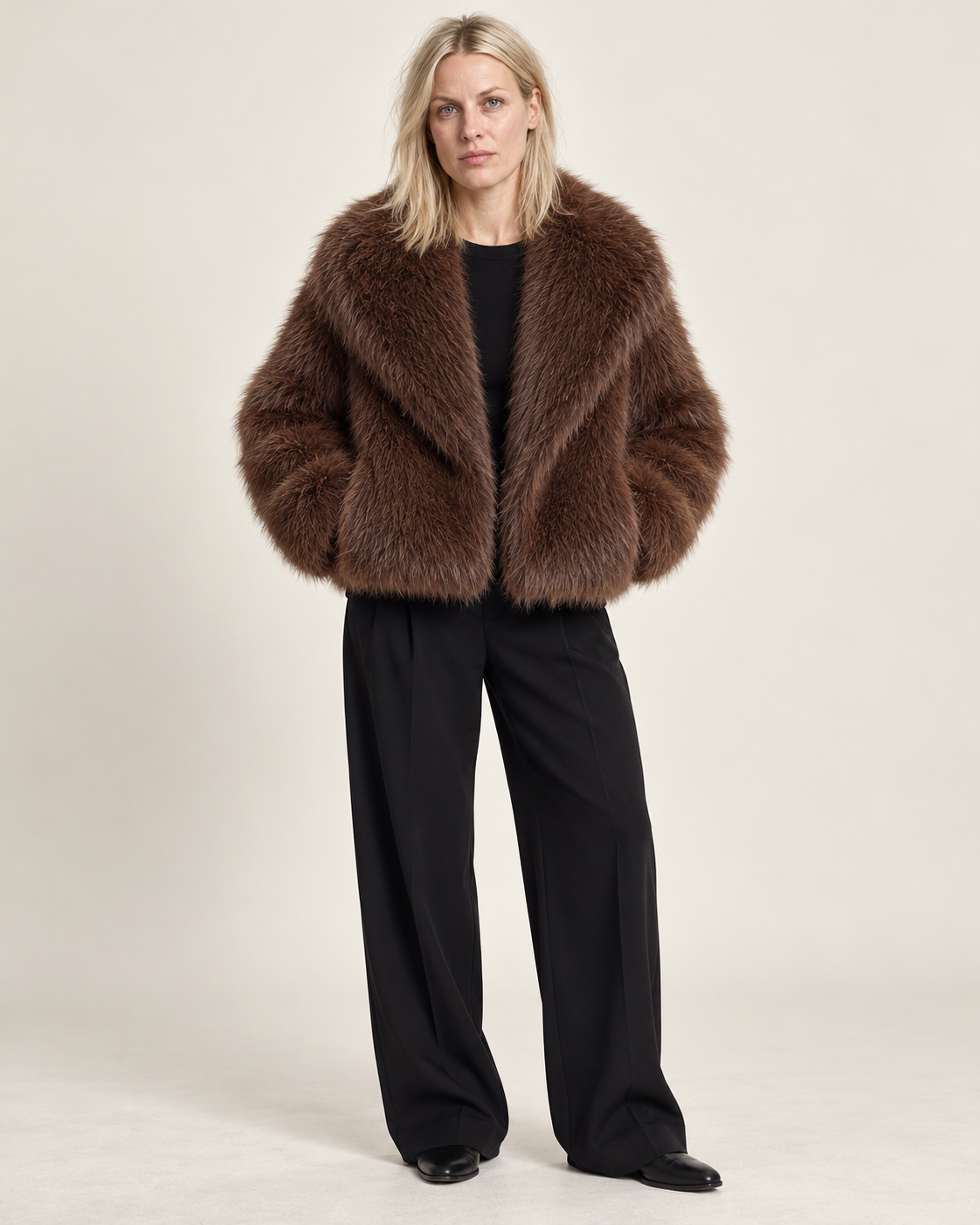 Gabrielle | Wide-Collar Shaggy Faux Fur Cropped Jacket
