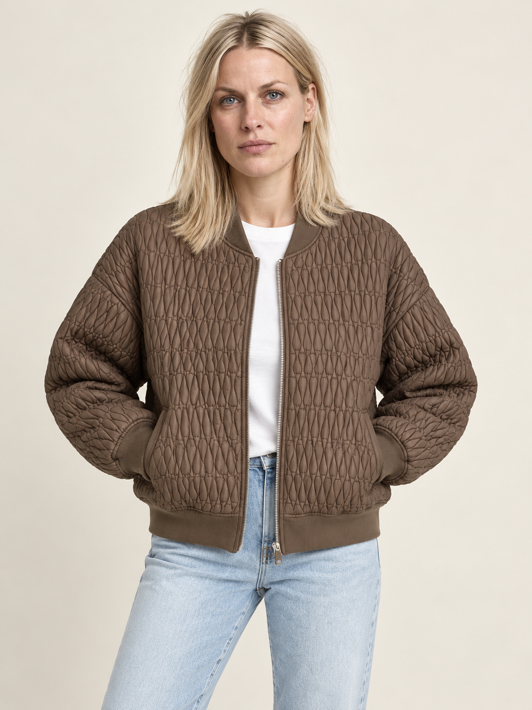 Katharine | Diamond-Quilted Ribbed-Trim Bomber Jacket