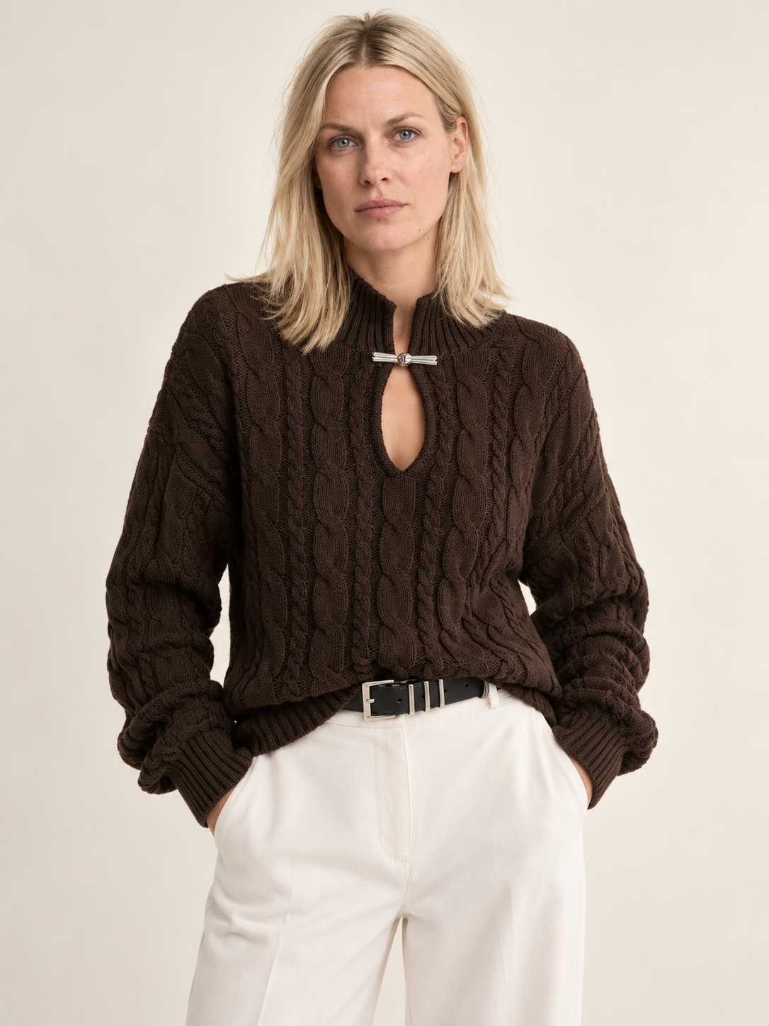 Yvonne | Cable Knit Keyhole High Neck Jumper