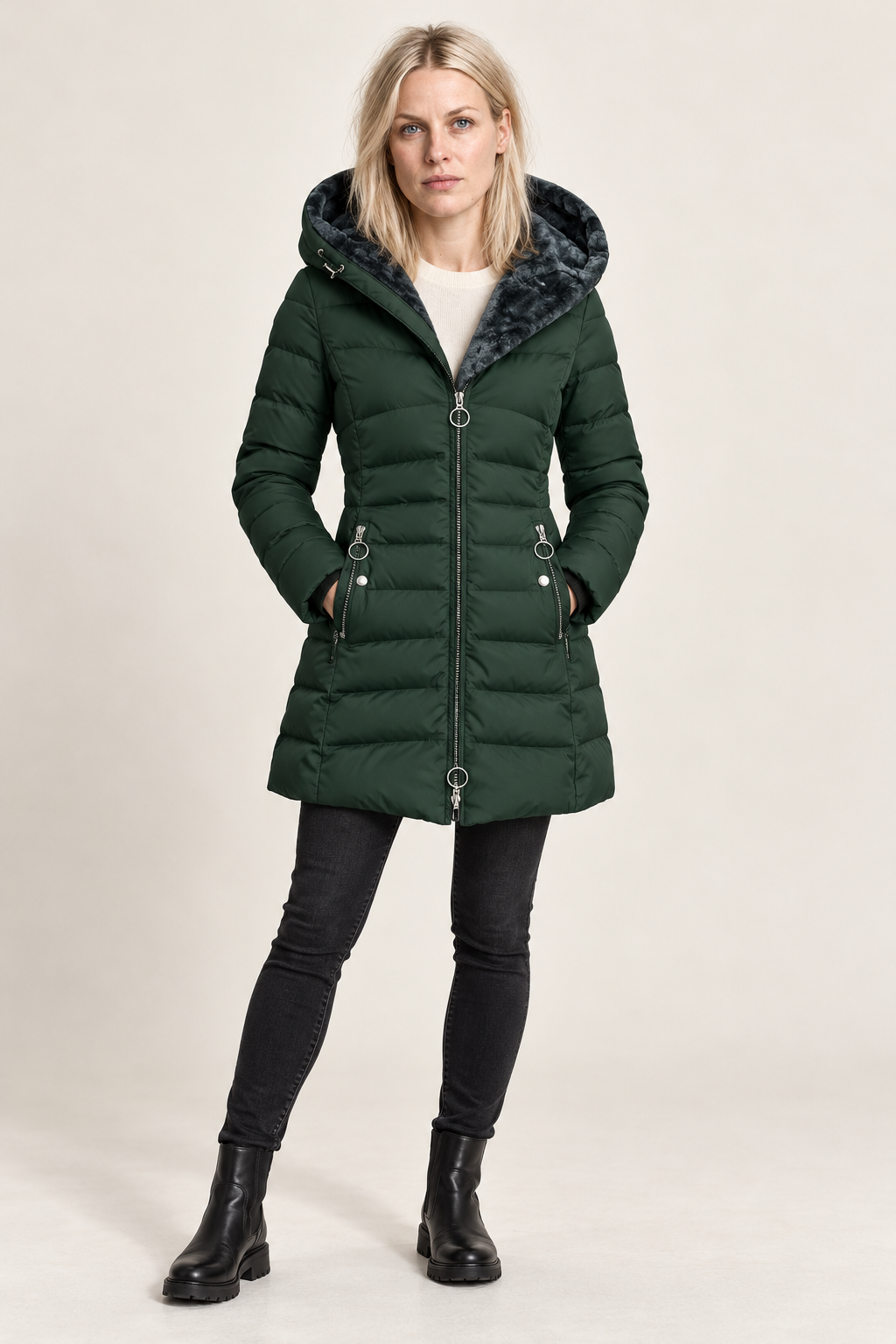 Hilja | Hooded Plush-Lined Channel-Quilted Puffer Coat