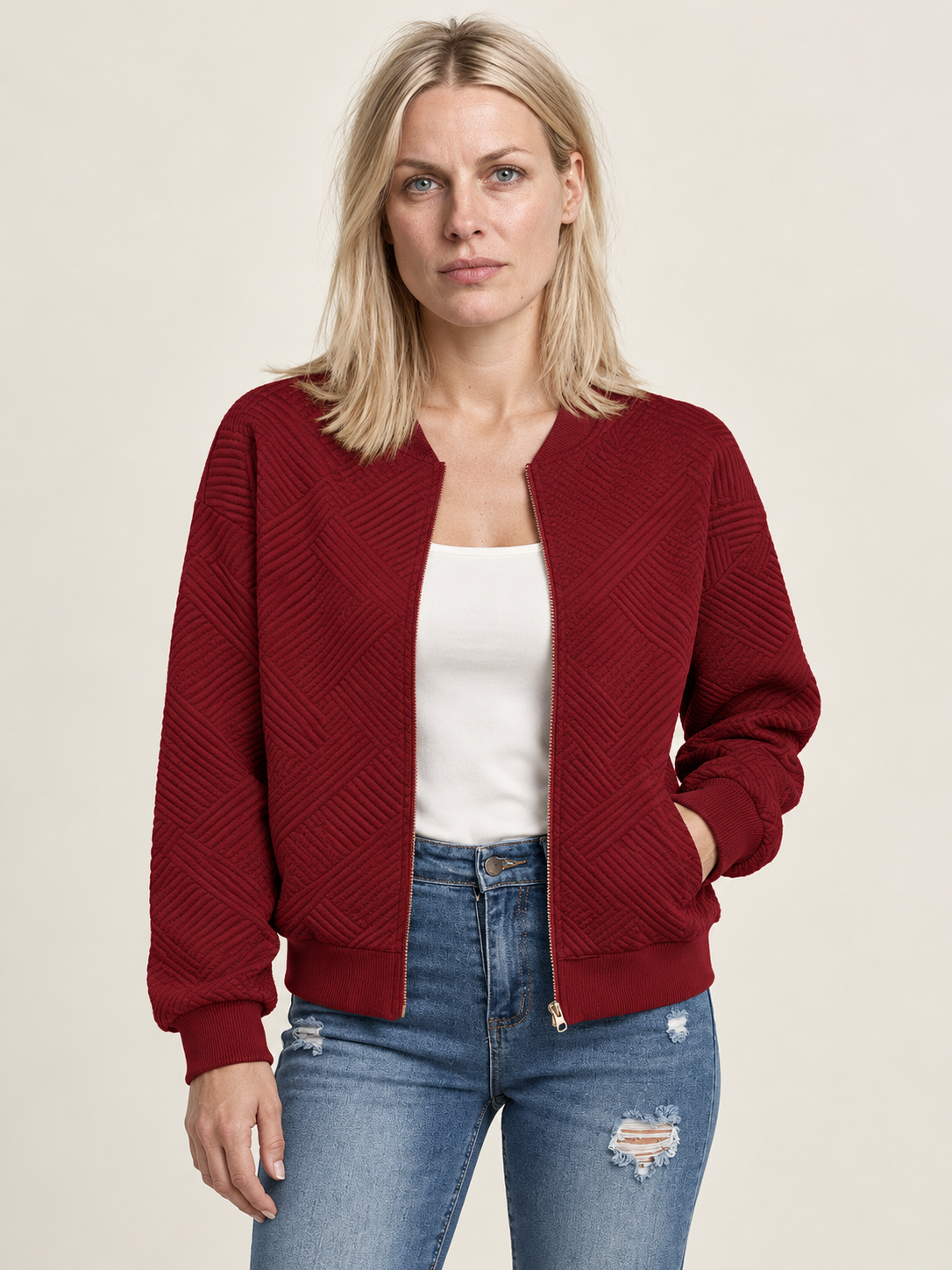 Inga | Textured Zip-Up Bomber Jacket