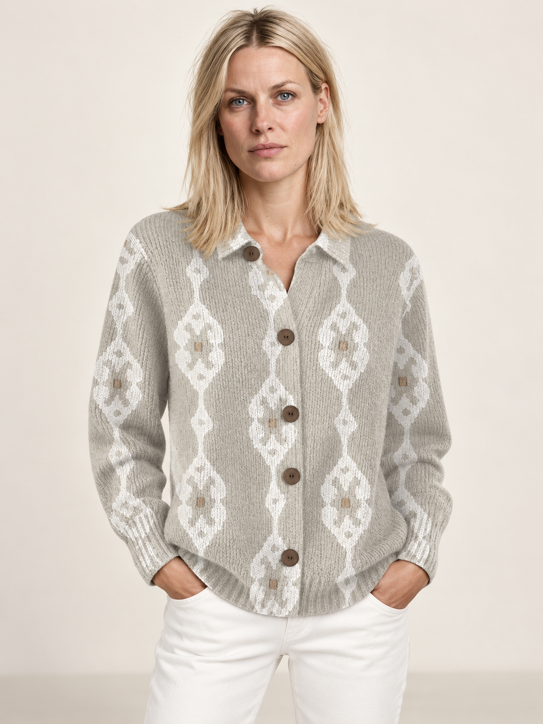 Susanna | Geometric Print Button-Up Knit Cardigan