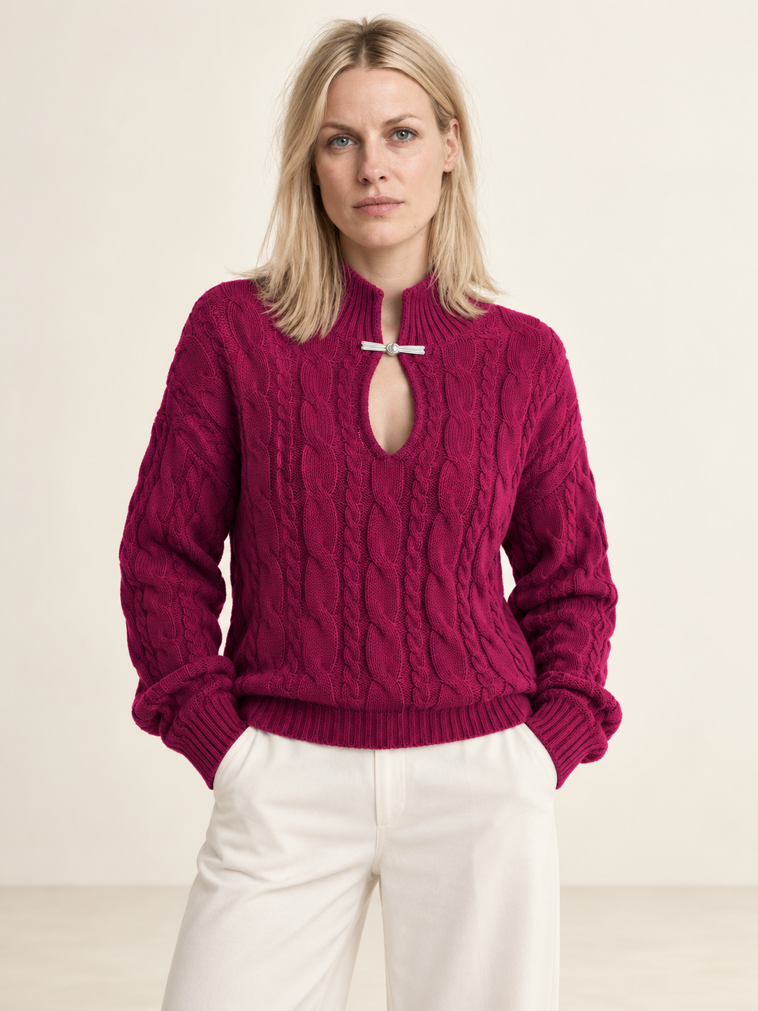 Yvonne | Cable Knit Keyhole High Neck Jumper