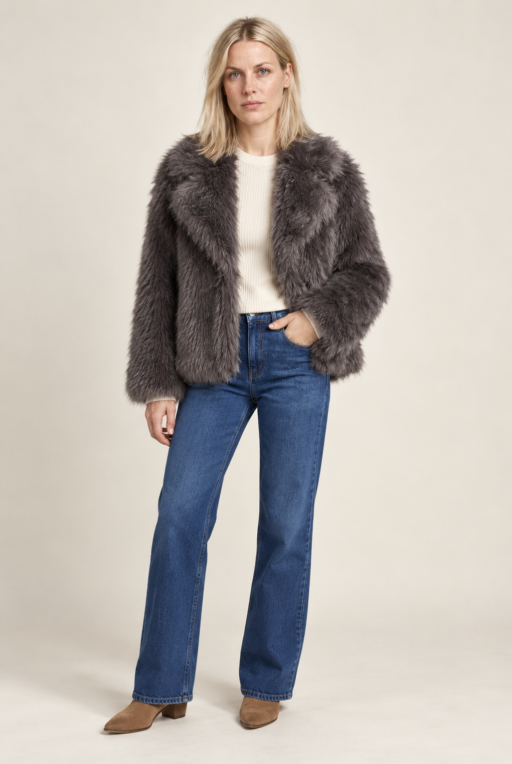 Fernanda | Oversized Wide-Lapel Faux Fur Hip-Length Jacket