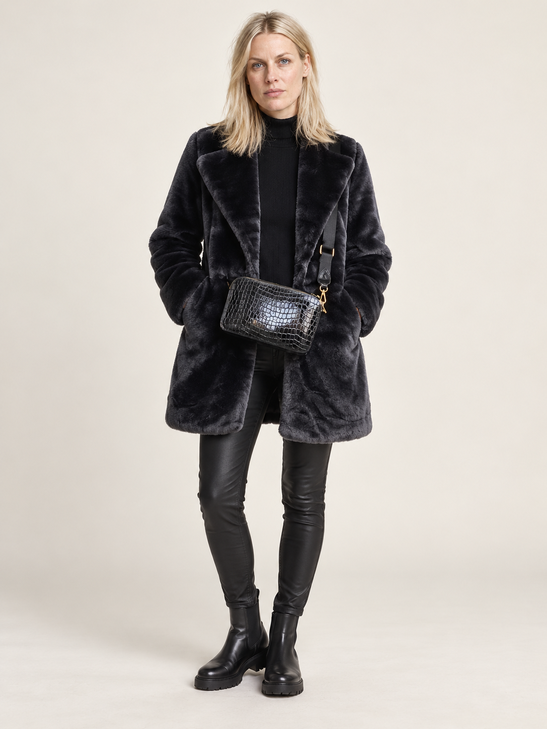 Flavie | Wide-Lapel Open-Front Faux Fur Mid-Thigh Coat