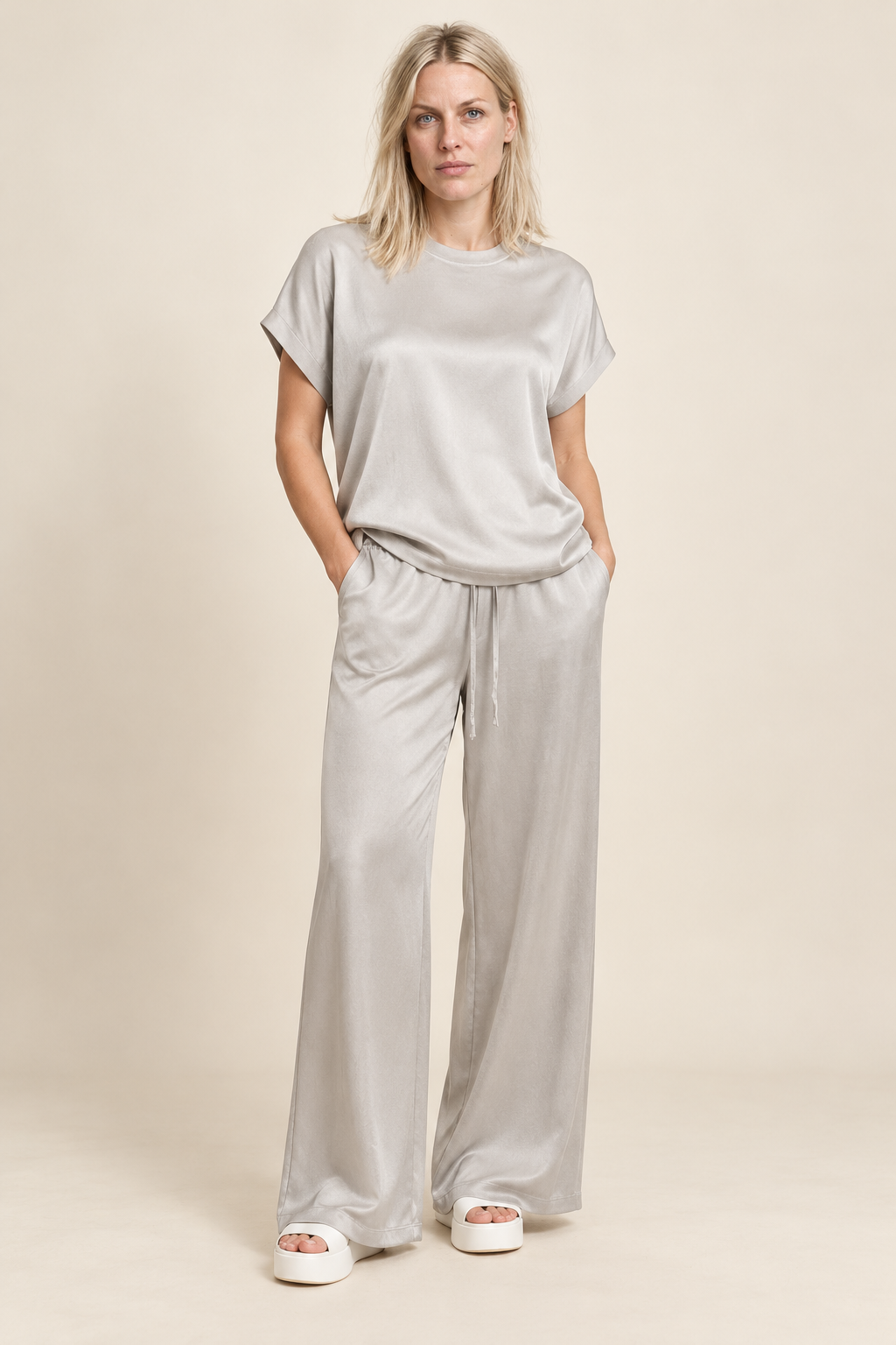 Teja | Satin-Look Cap-Sleeve Top and Wide-Leg Lounge Set