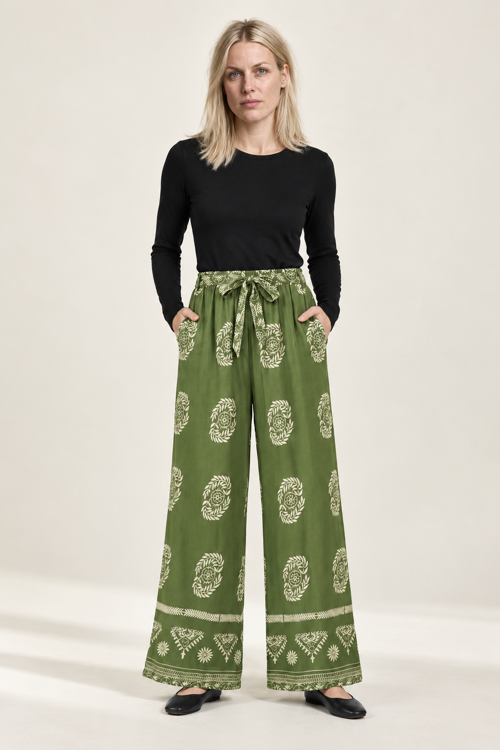 Silje | Floral Border-Print Tie-Waist Wide-Leg Pants