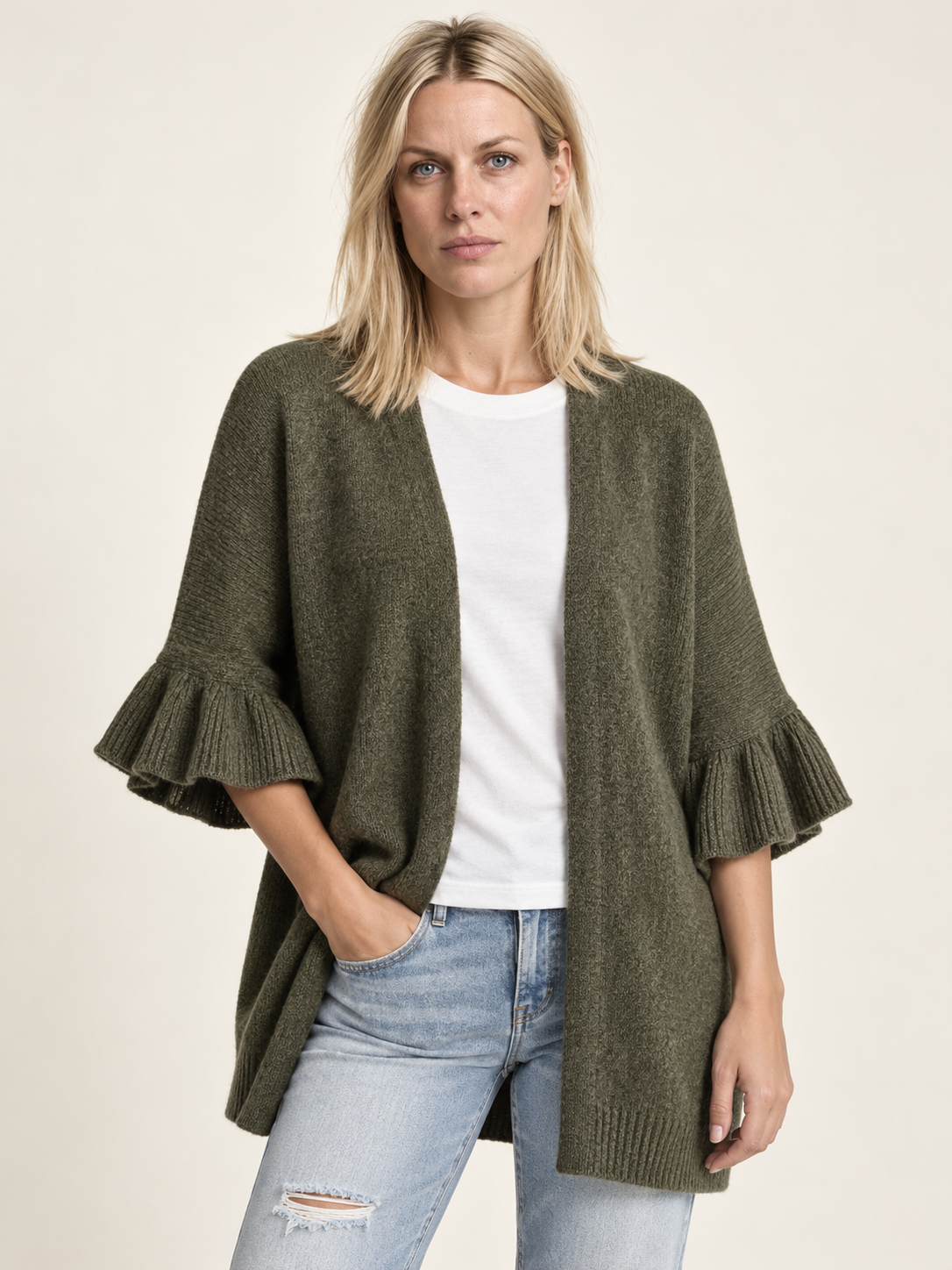 Eudora | Ruffle-Sleeve Open-Front Cardigan