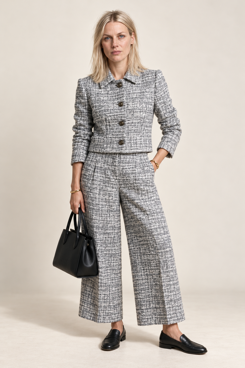 Tilde | Tweed-Look Cropped Jacket and Wide-Leg Trouser Set