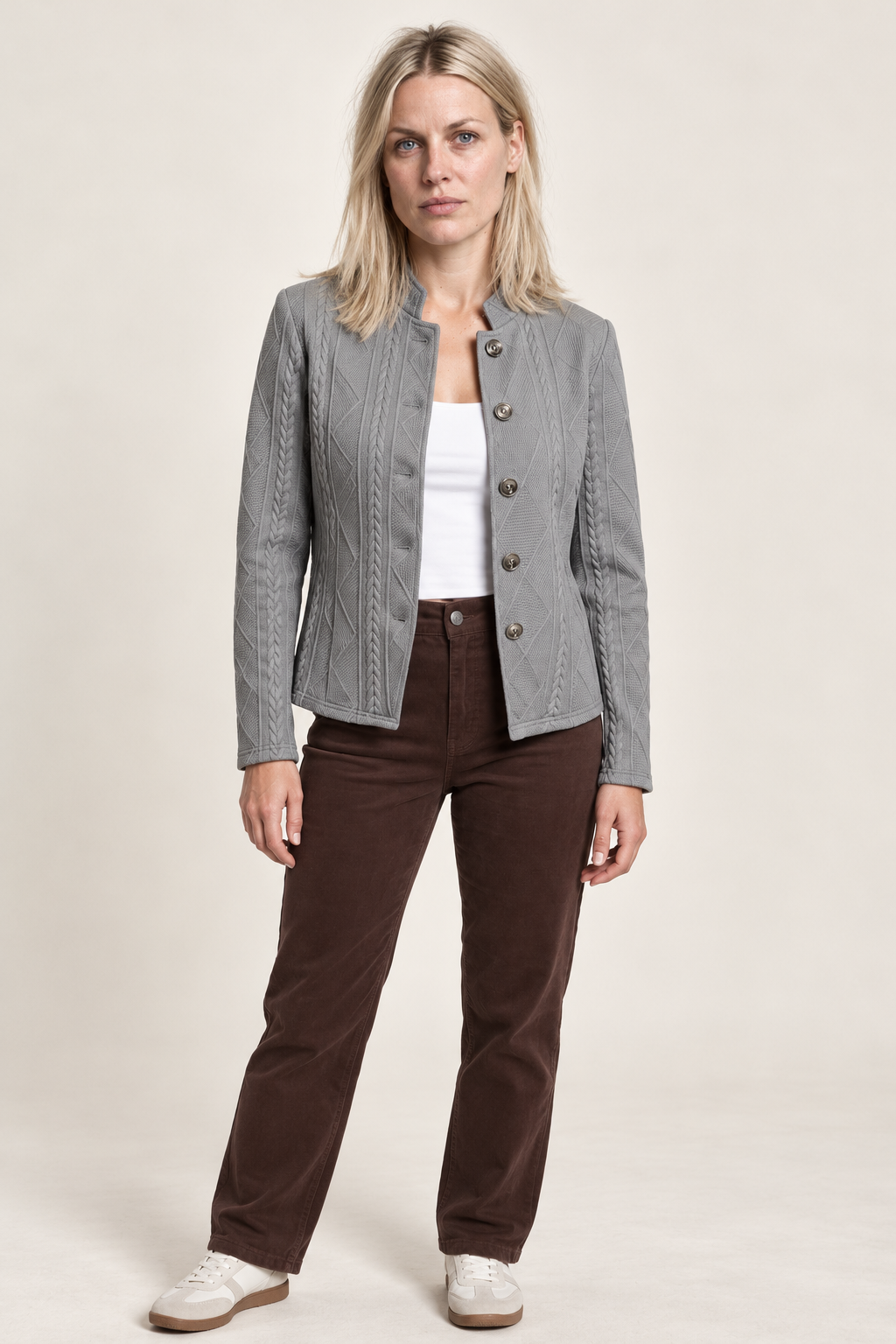 Lenka | Cable-Texture Stand-Collar Button-Front Jacket