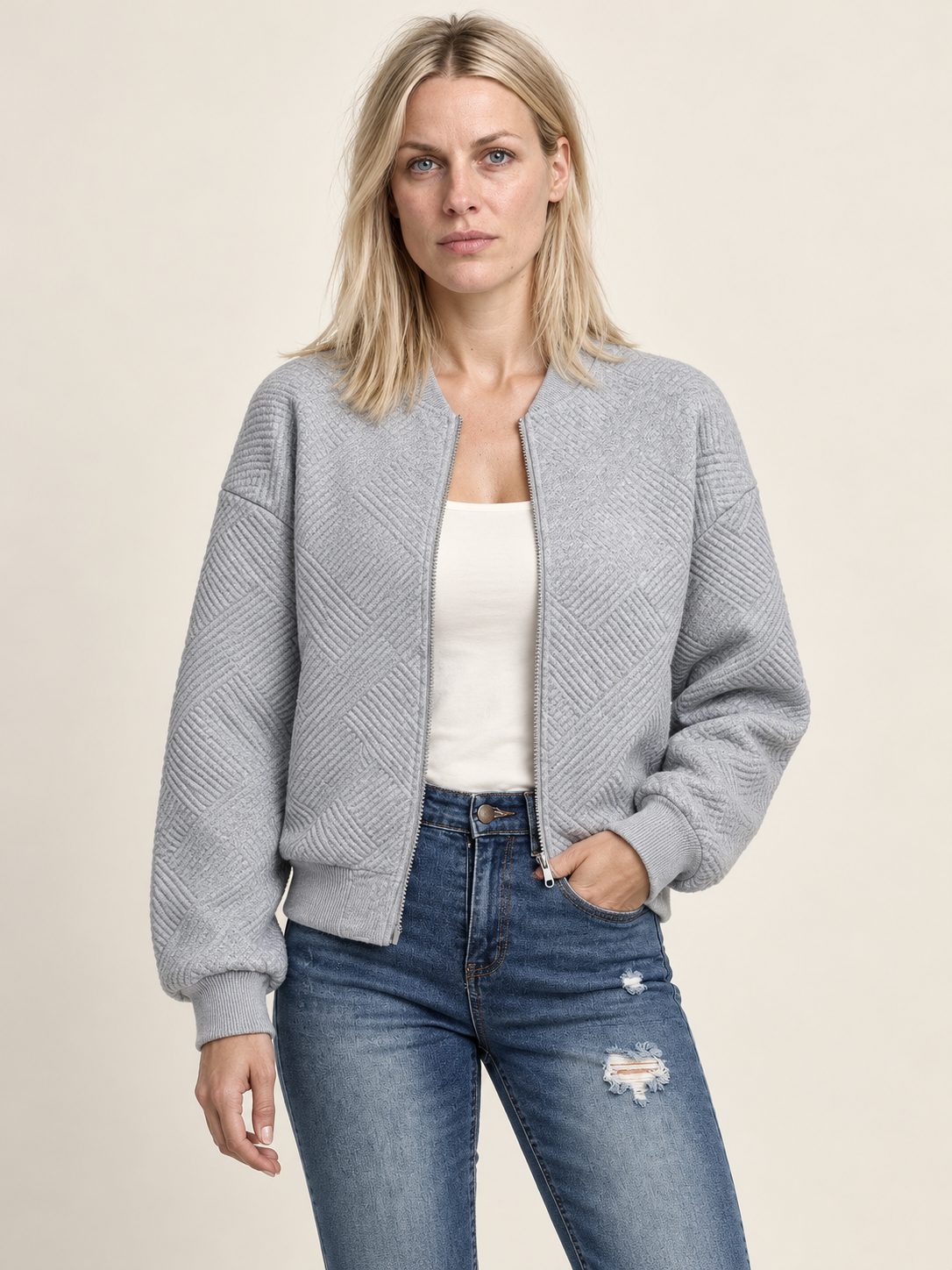 Inga | Textured Zip-Up Bomber Jacket