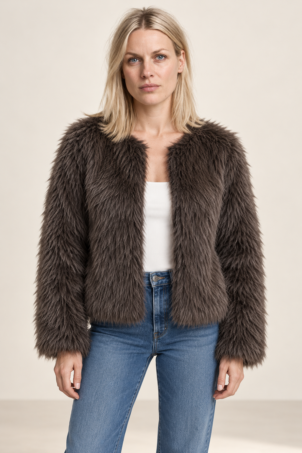 Dominika | Collarless Open-Front Shaggy Faux Fur Jacket