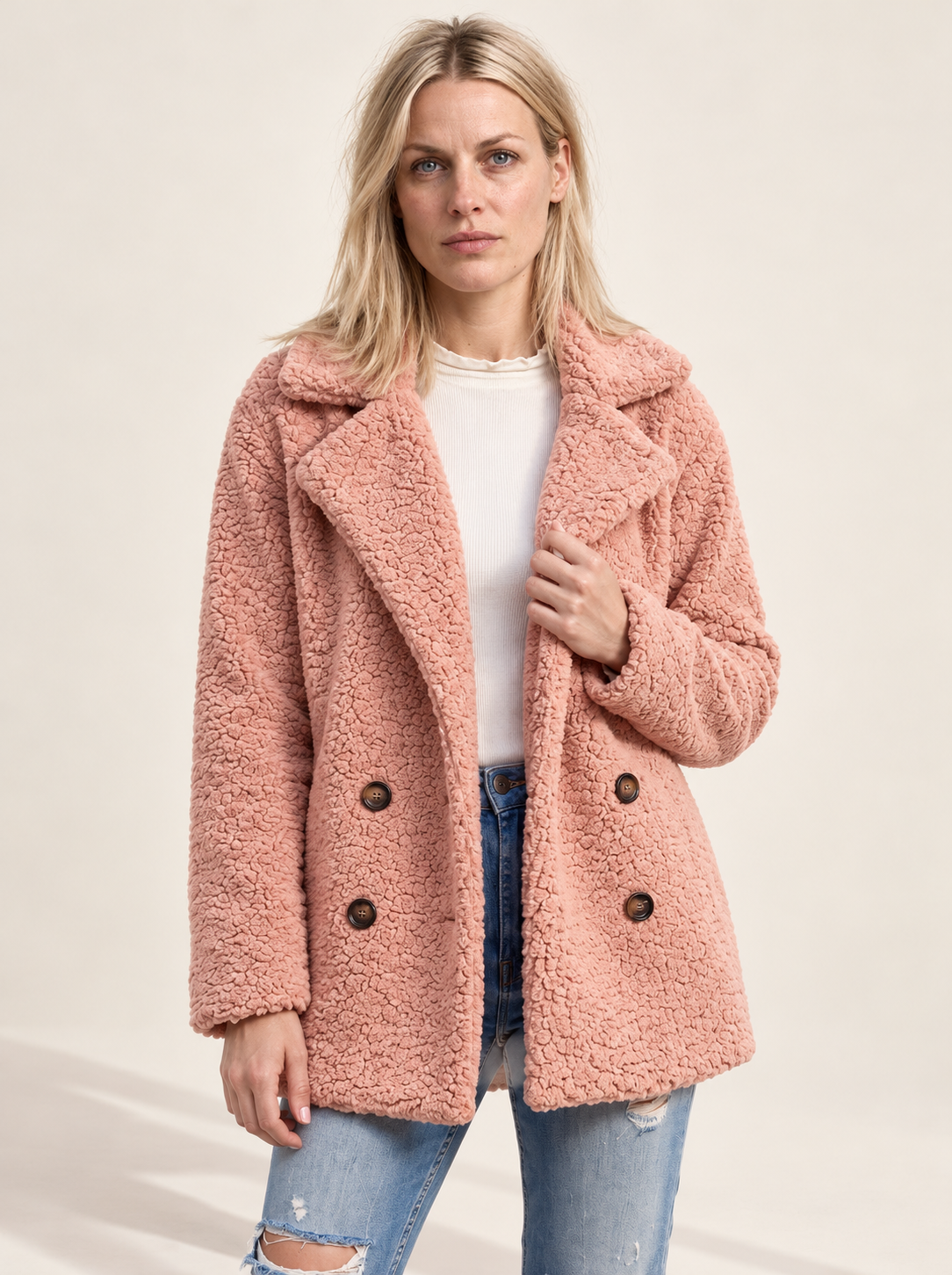 Glenys | Double-Breasted Notched-Lapel Teddy Coat