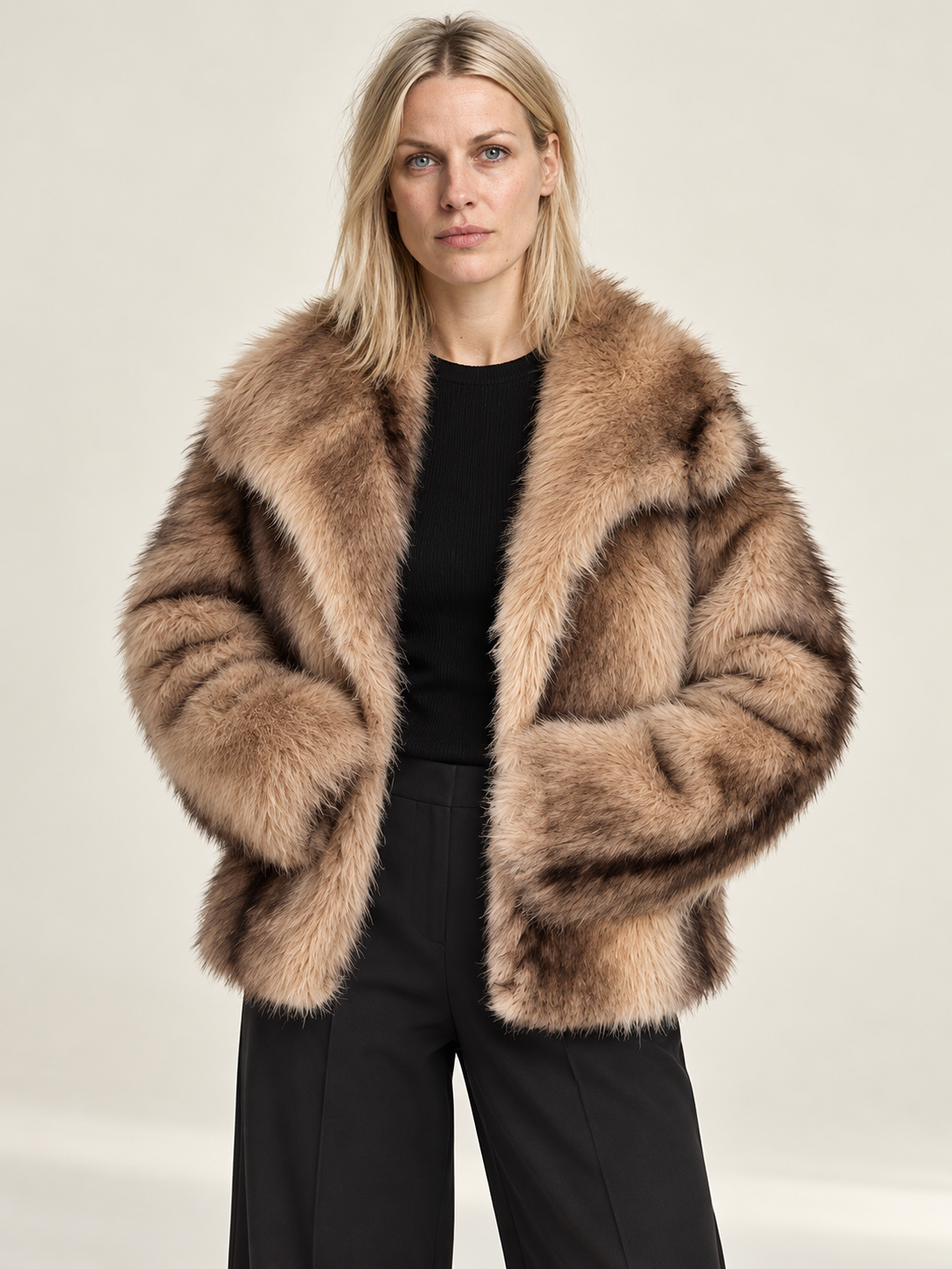 Emanuela | Striped Notch-Collar Plush Oversized Cropped Coat