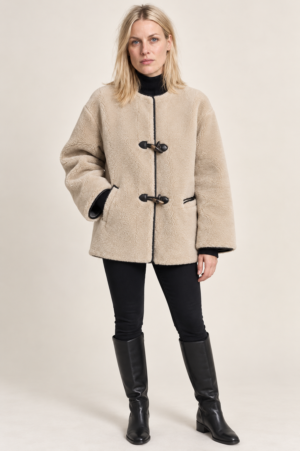 Danika | Round-Neck Toggle-Front Hip-Length Teddy Coat