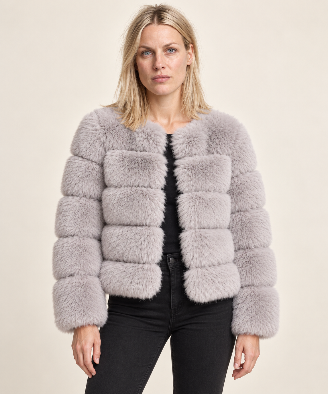 Galina | Tiered-Panel Collarless Faux Fur Cropped Jacket