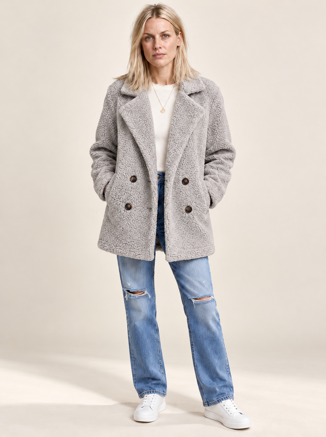 Glenys | Double-Breasted Notched-Lapel Teddy Coat