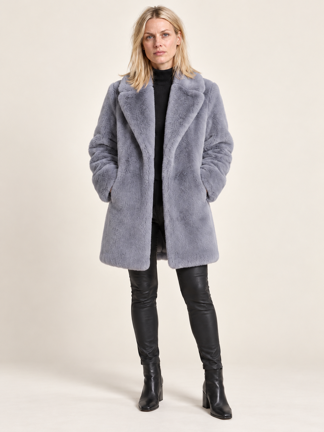Flavie | Wide-Lapel Open-Front Faux Fur Mid-Thigh Coat