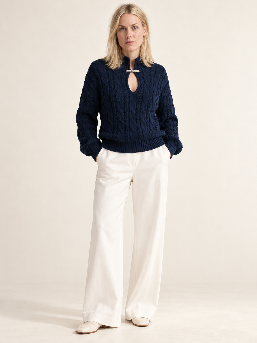 Yvonne | Cable Knit Keyhole High Neck Jumper