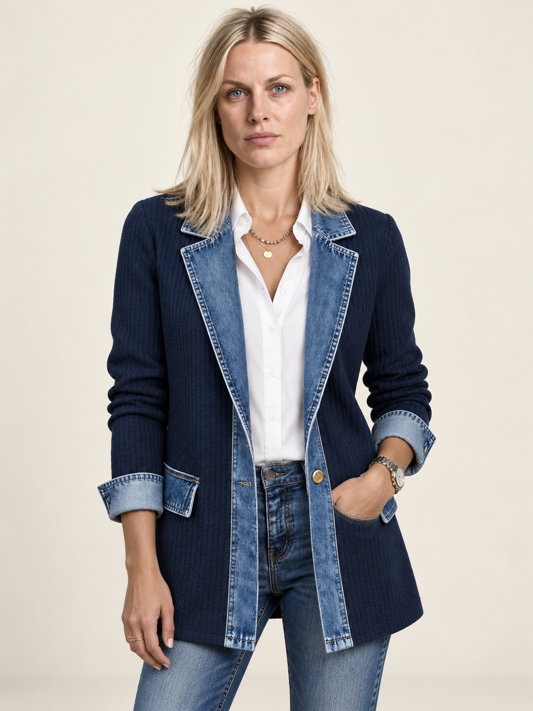 Saskia | Denim Trim Knit Blazer