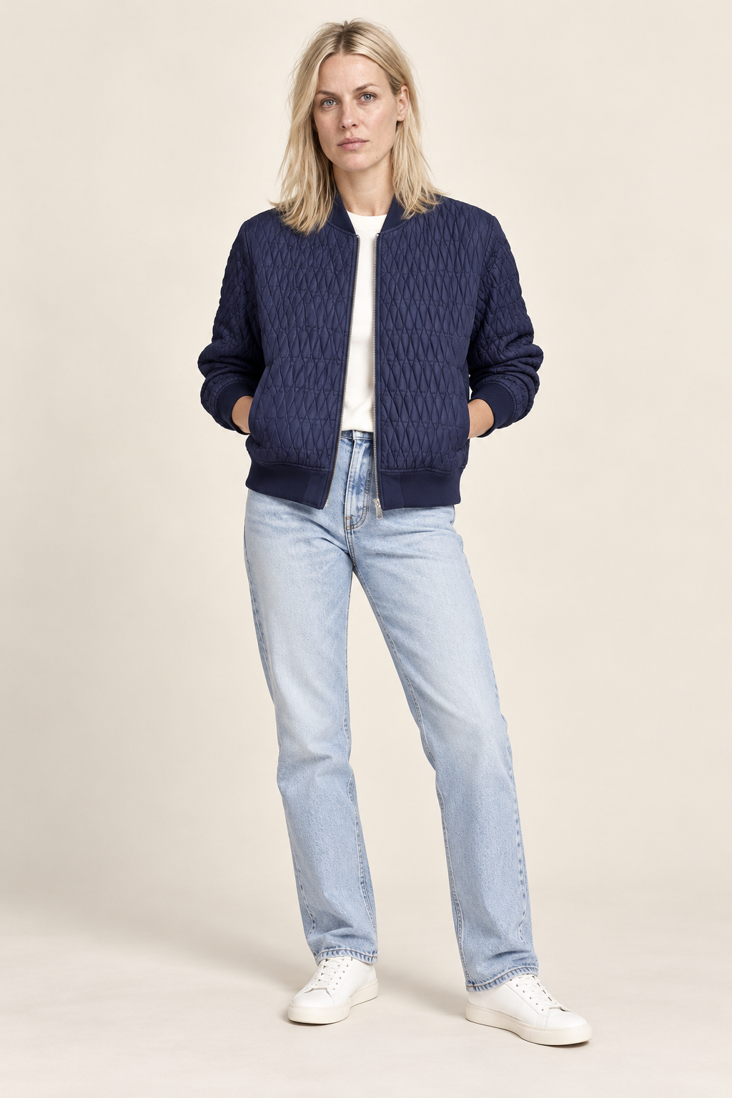 Katharine | Diamond-Quilted Ribbed-Trim Bomber Jacket