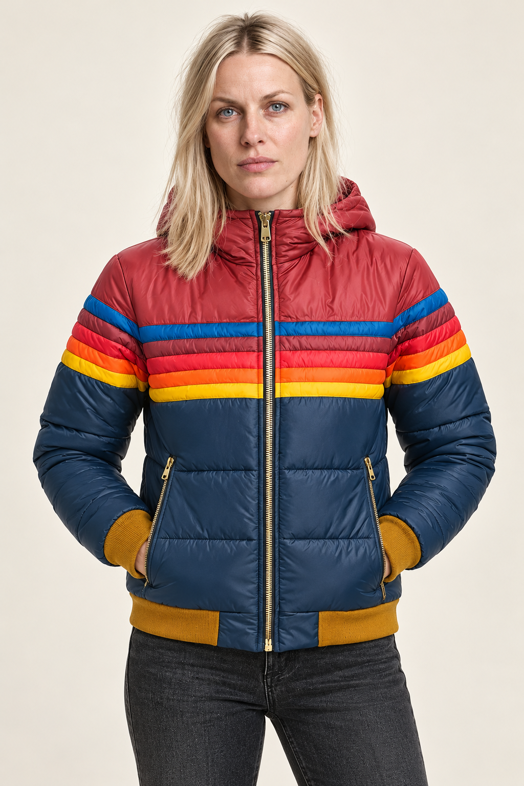 Jara | Hooded Retro Rainbow-Stripe Puffer Jacket