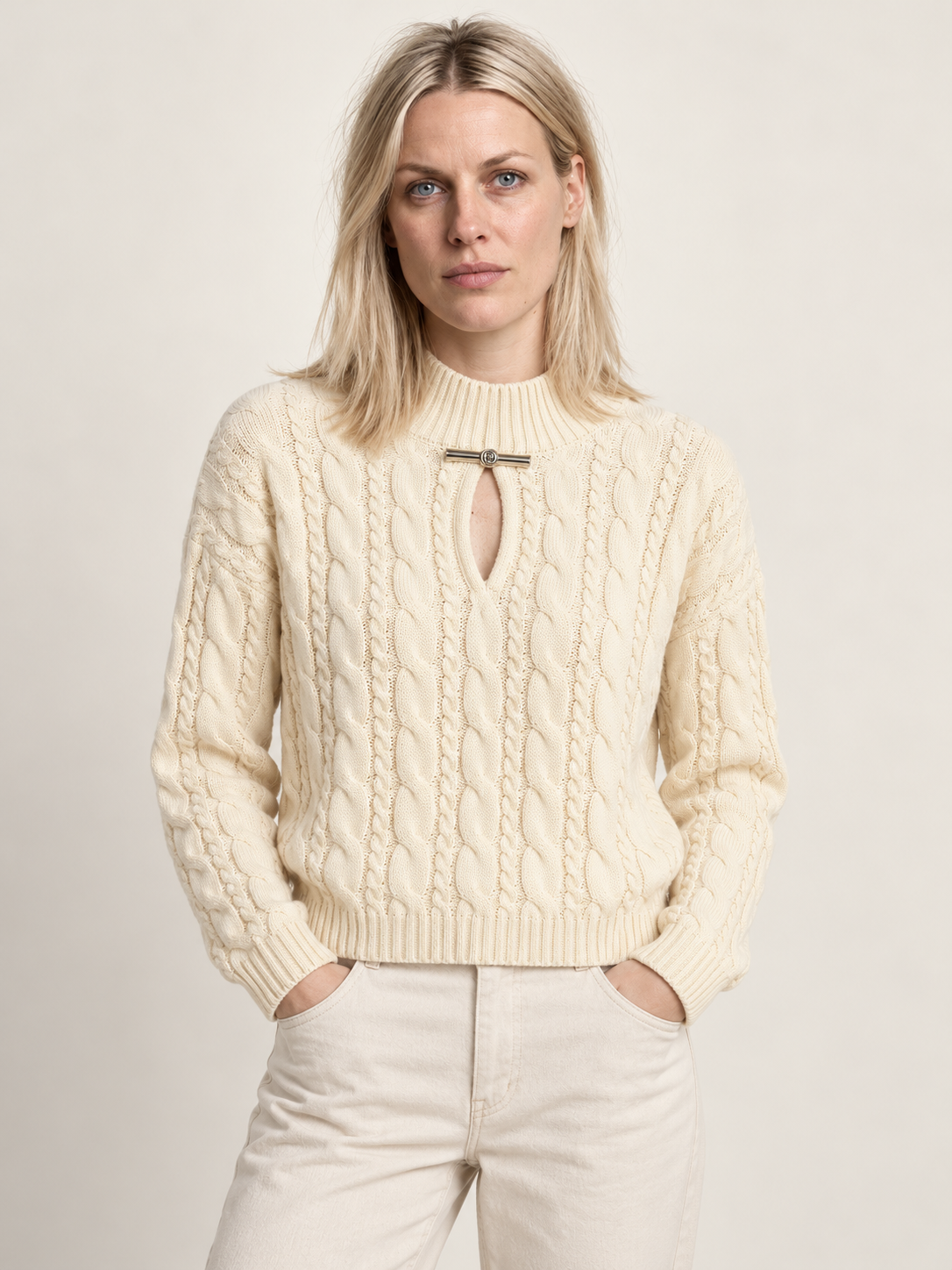 Yvonne | Cable Knit Keyhole High Neck Jumper