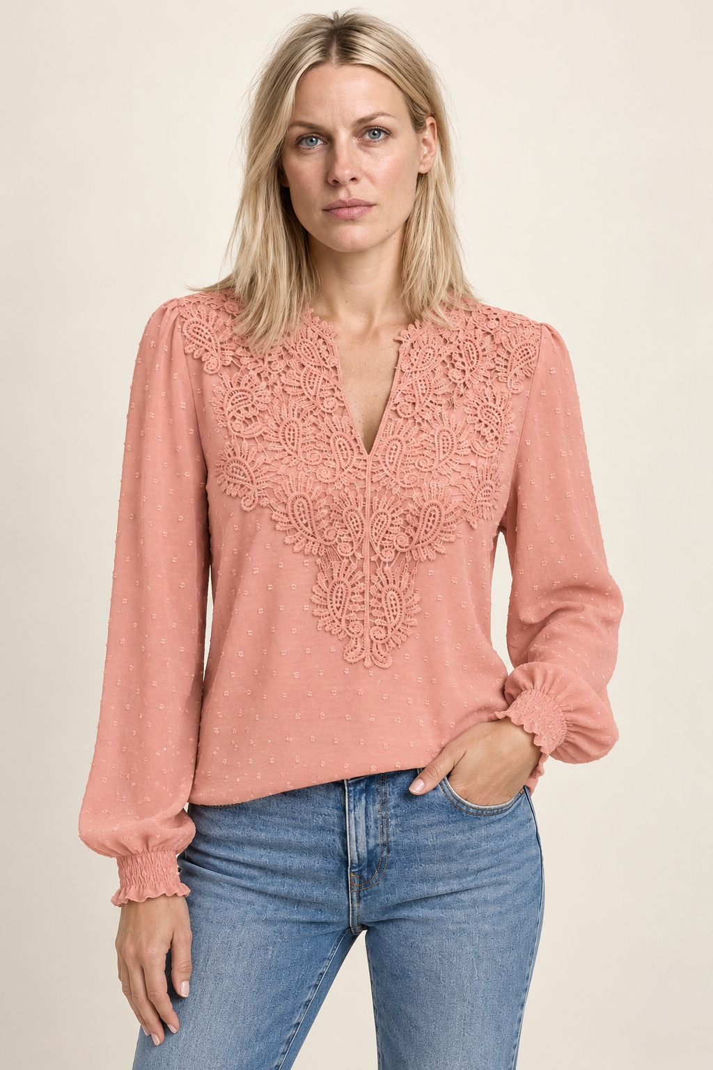 Colette | Lace-Trim Swiss-Dot Blouse