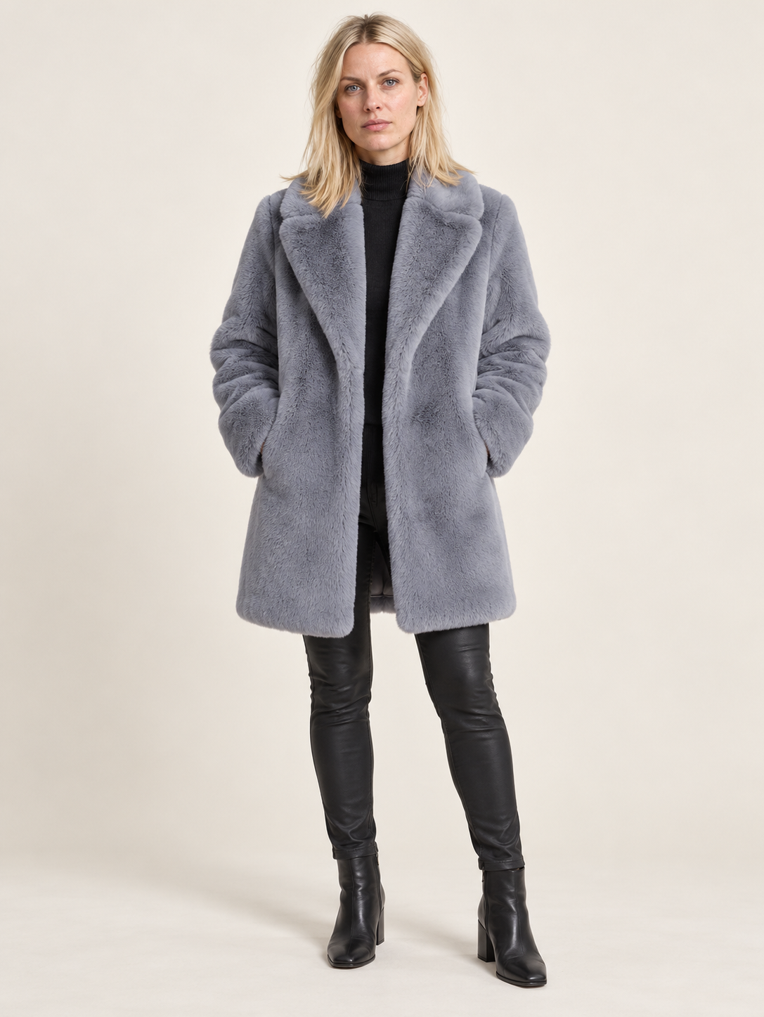 Flavie | Wide-Lapel Open-Front Faux Fur Mid-Thigh Coat