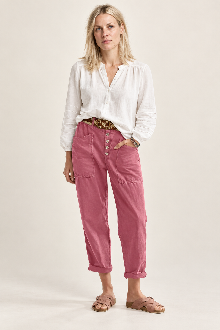 Oksana | Button-Fly Patch-Pocket Relaxed Pants