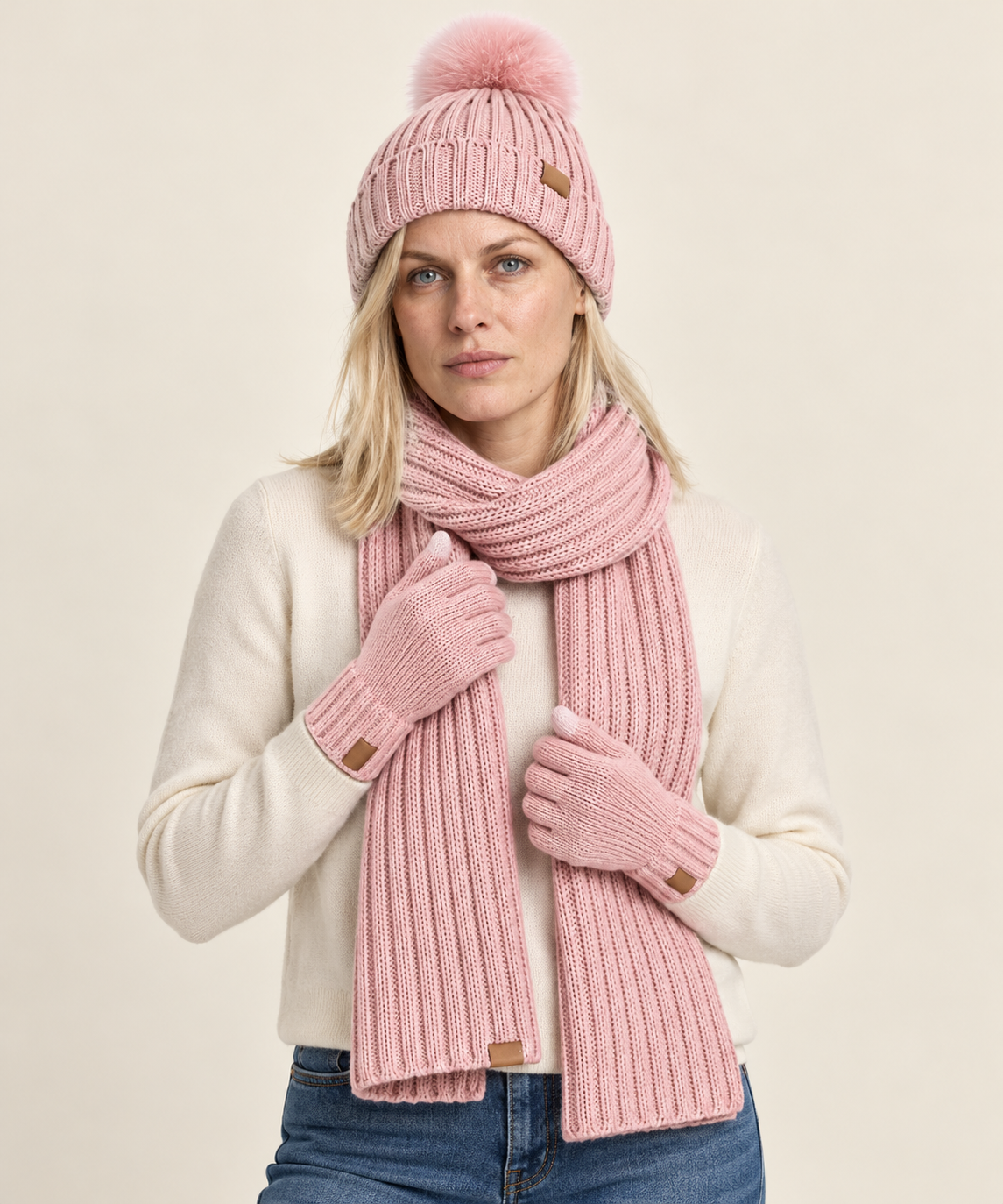 Annelies | Ribbed Pom-Pom Beanie Scarf and Gloves Set