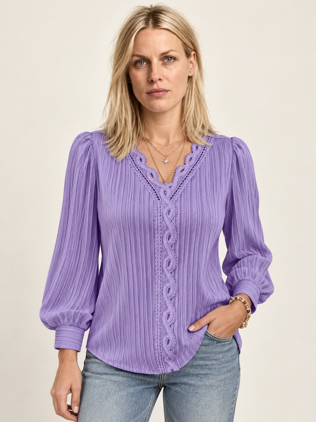 Andrea | Lace-Trim Pullover Blouse
