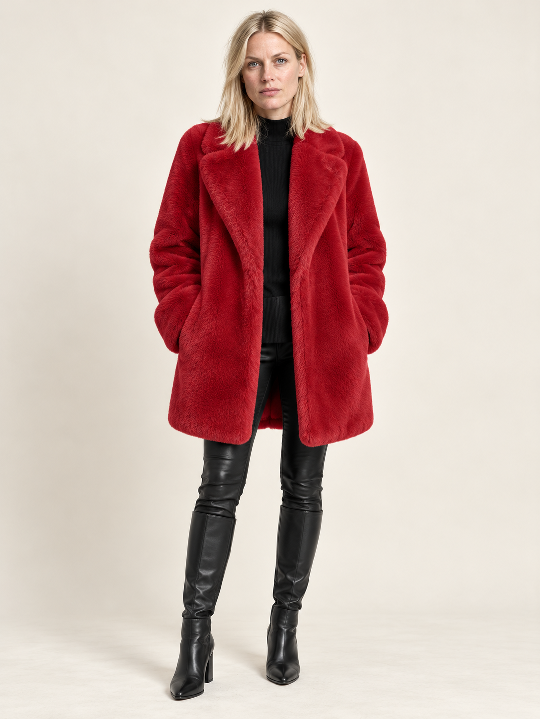 Flavie | Wide-Lapel Open-Front Faux Fur Mid-Thigh Coat
