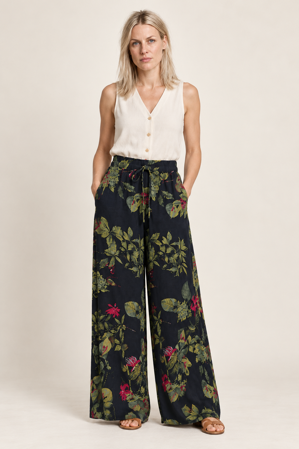 Romane | Floral-Print Drawstring Wide-Leg Trousers