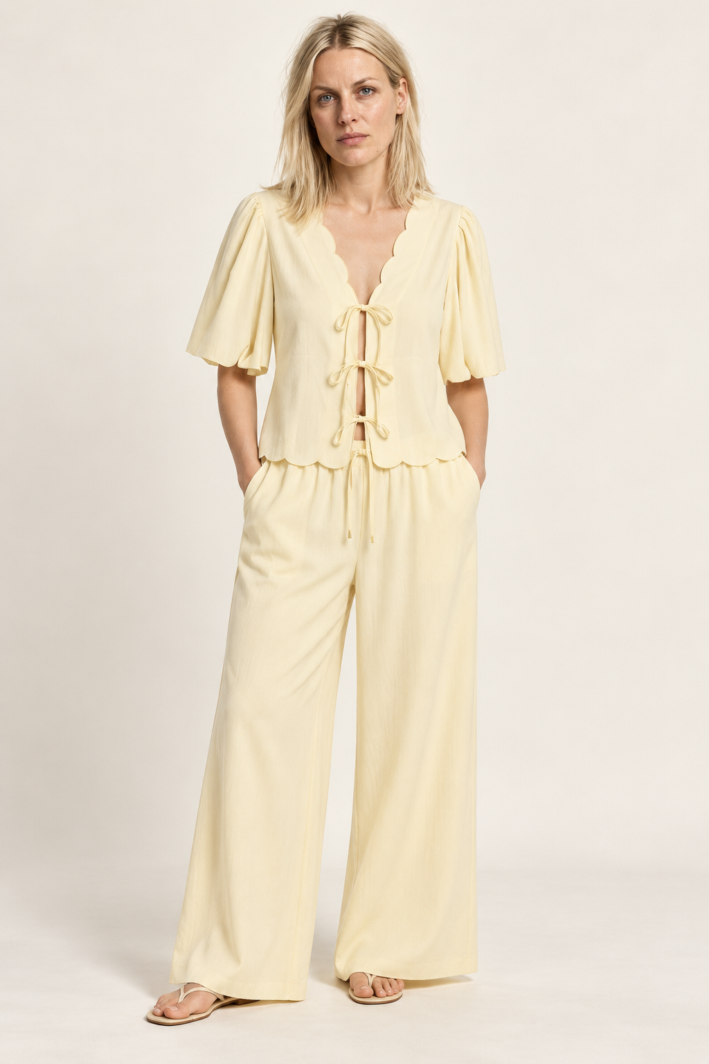 Thora | Scalloped Tie-Front Blouse and Wide-Leg Trouser Set