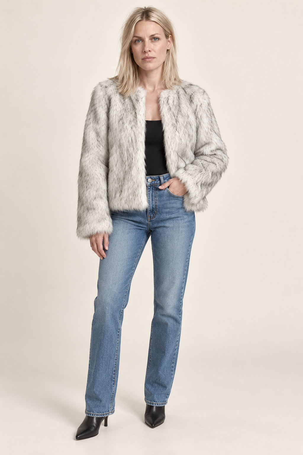 Dominika | Collarless Open-Front Shaggy Faux Fur Jacket