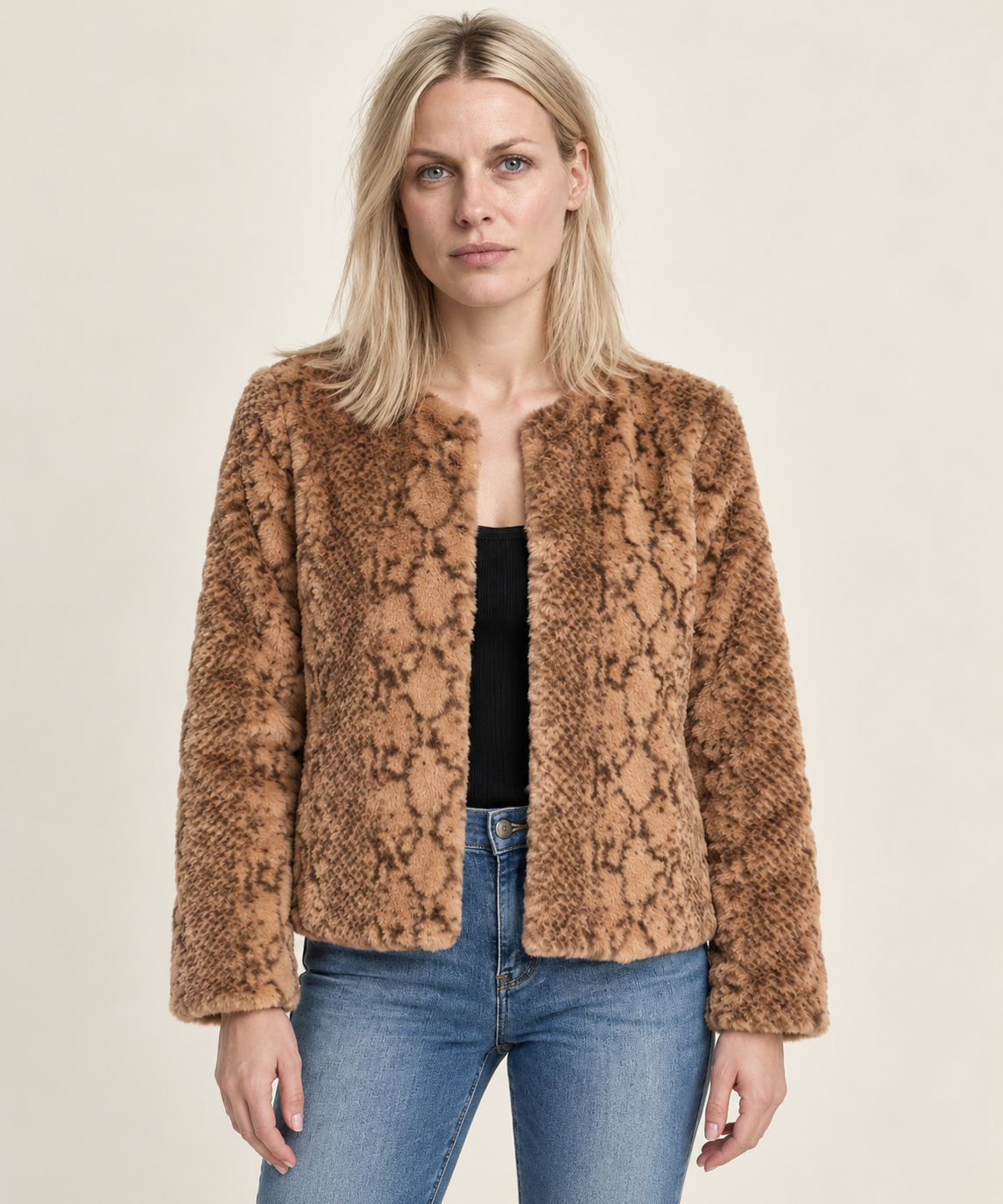 Dominika | Collarless Open-Front Shaggy Faux Fur Jacket