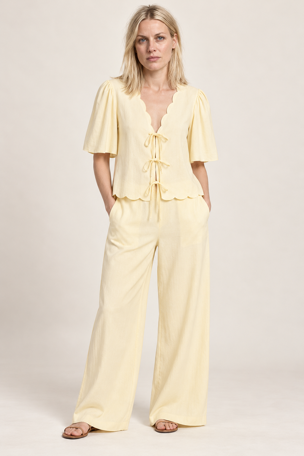 Thora | Scalloped Tie-Front Blouse and Wide-Leg Trouser Set