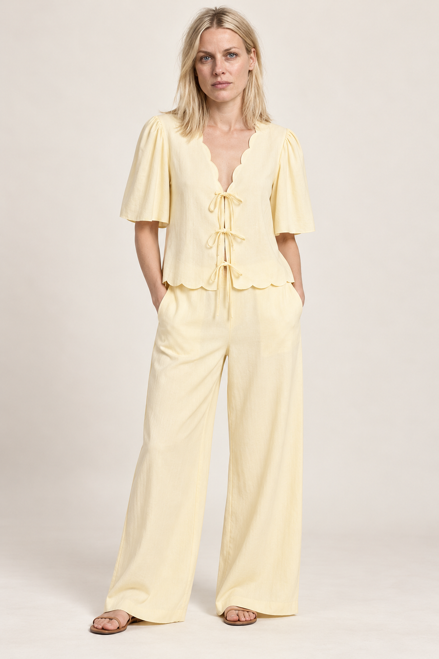 Thora | Scalloped Tie-Front Blouse and Wide-Leg Trouser Set