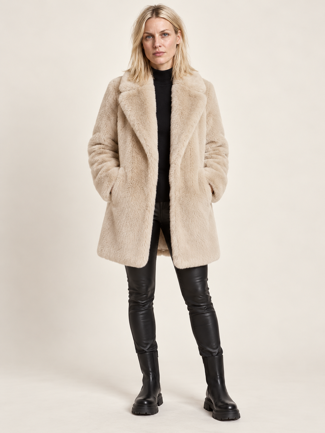 Flavie | Wide-Lapel Open-Front Faux Fur Mid-Thigh Coat