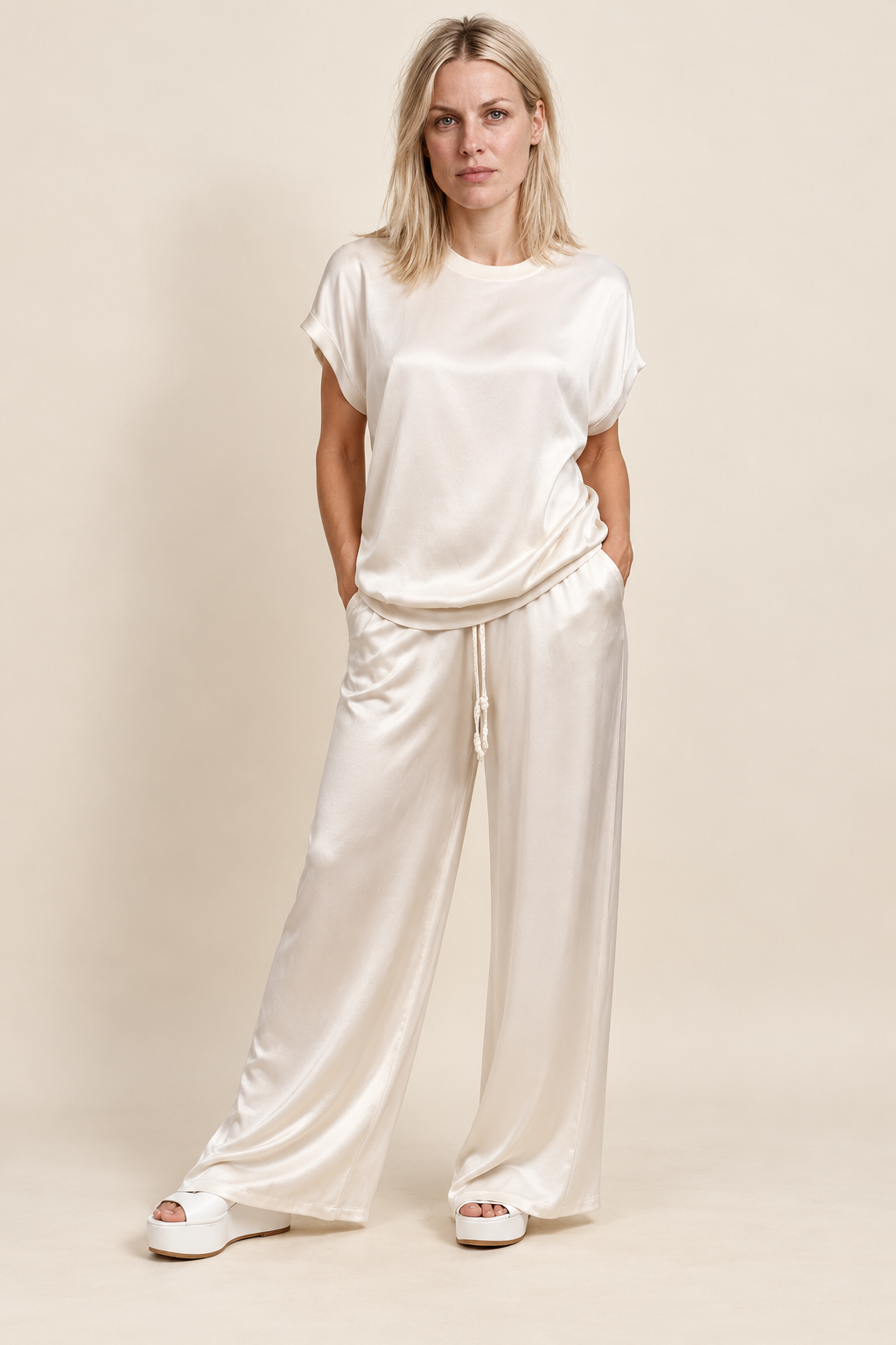 Teja | Satin-Look Cap-Sleeve Top and Wide-Leg Lounge Set