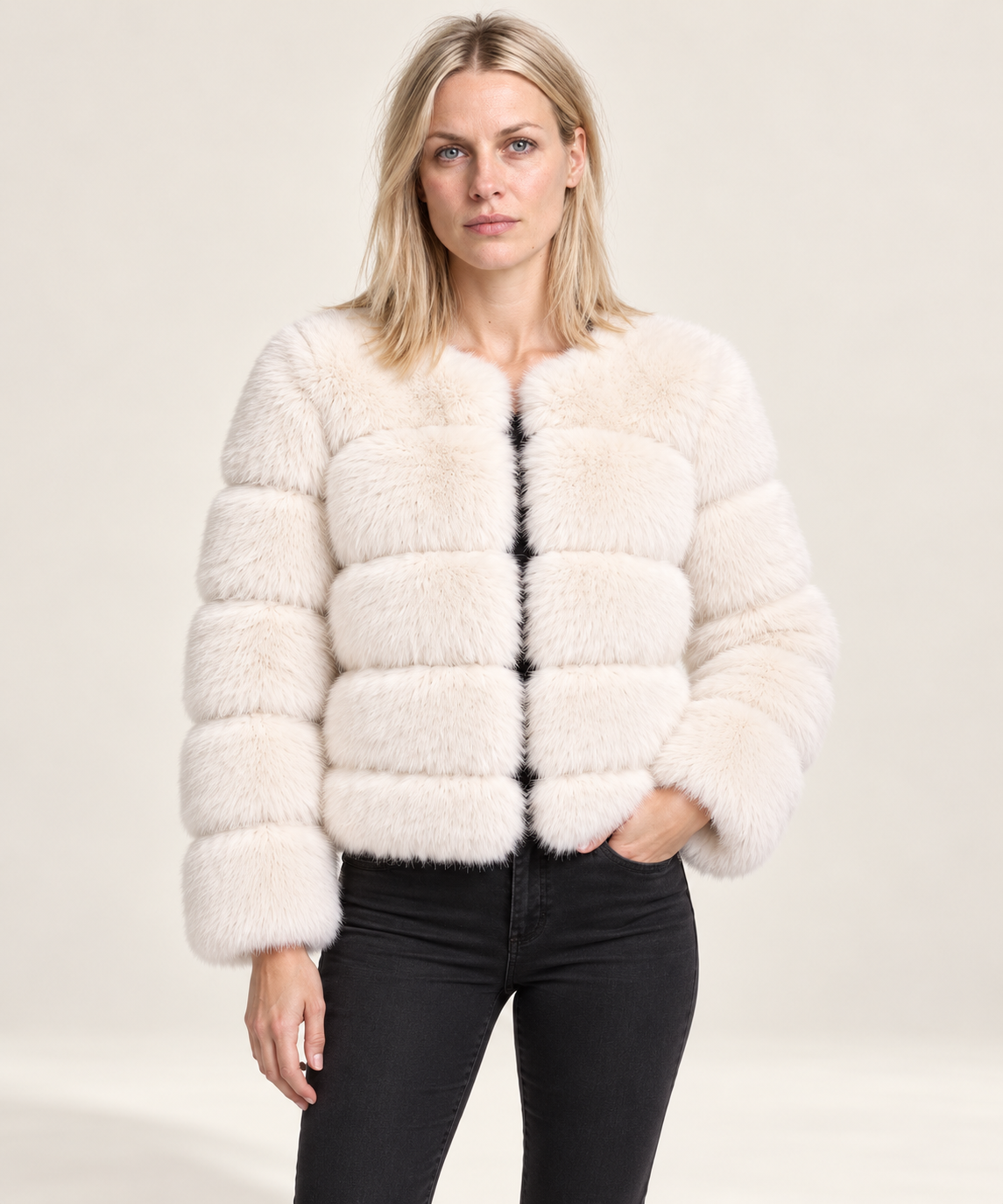 Galina | Tiered-Panel Collarless Faux Fur Cropped Jacket