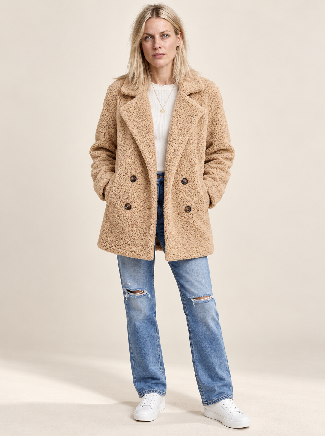 Glenys | Double-Breasted Notched-Lapel Teddy Coat