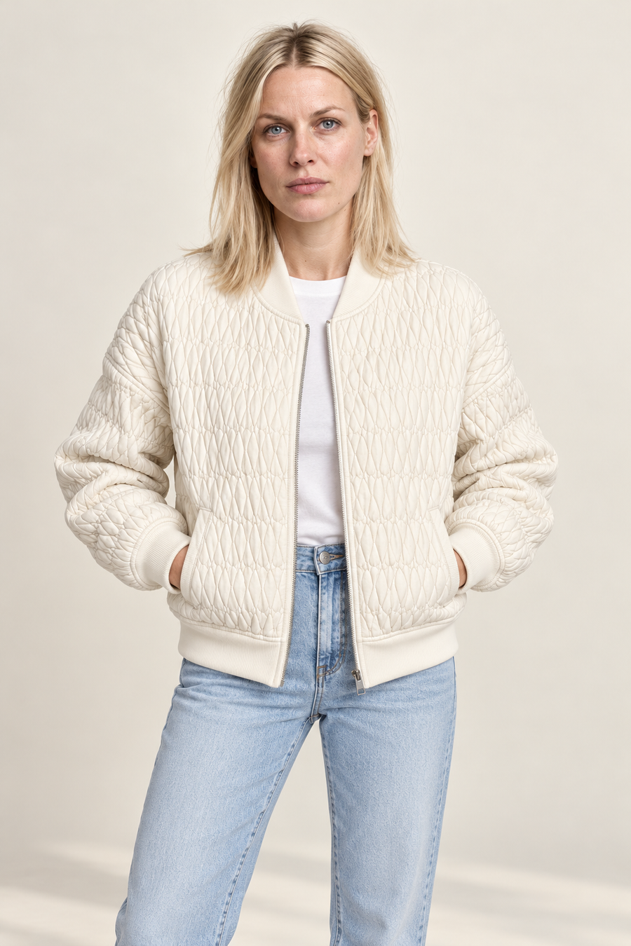 Katharine | Diamond-Quilted Ribbed-Trim Bomber Jacket