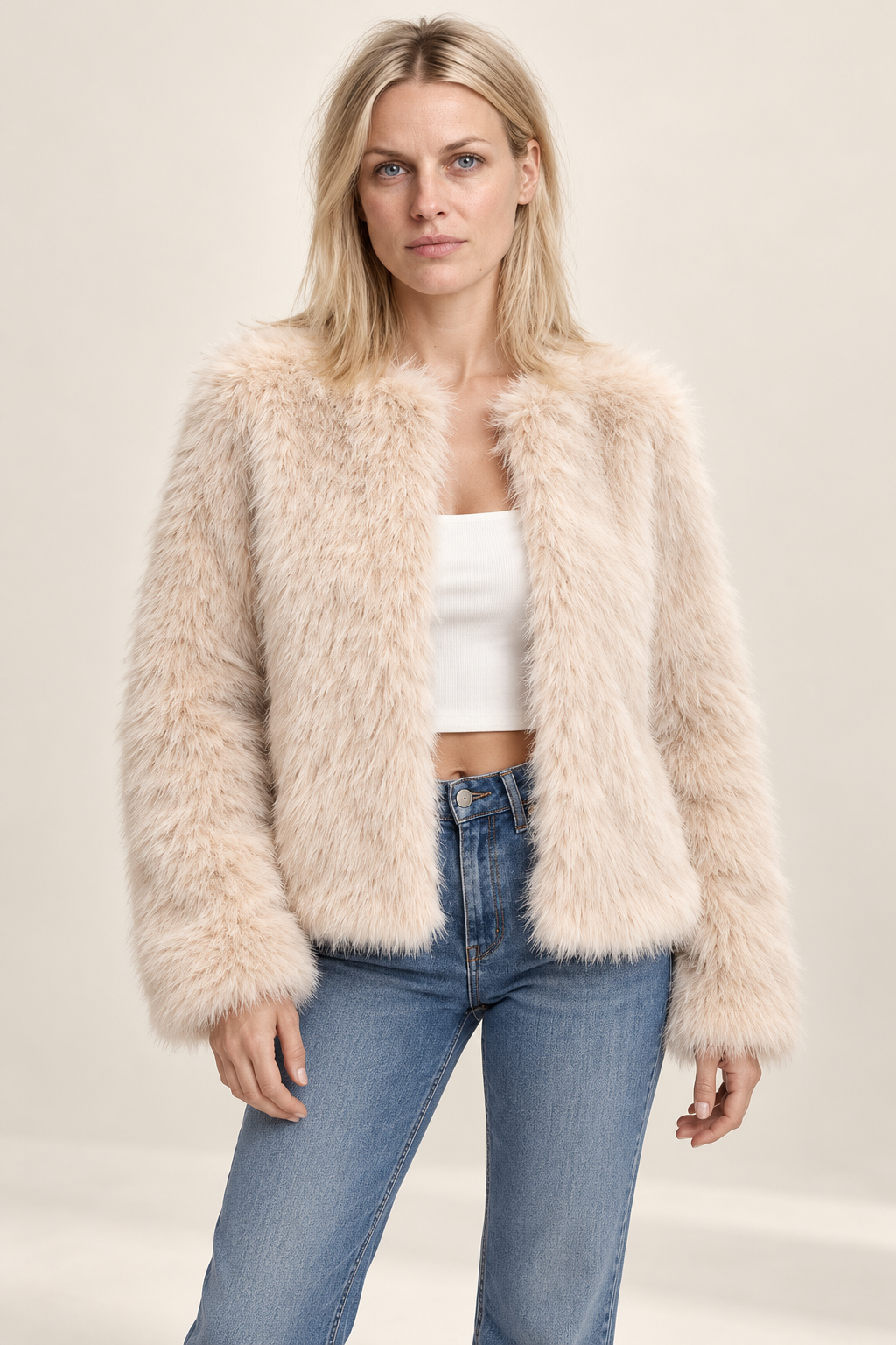 Dominika | Collarless Open-Front Shaggy Faux Fur Jacket