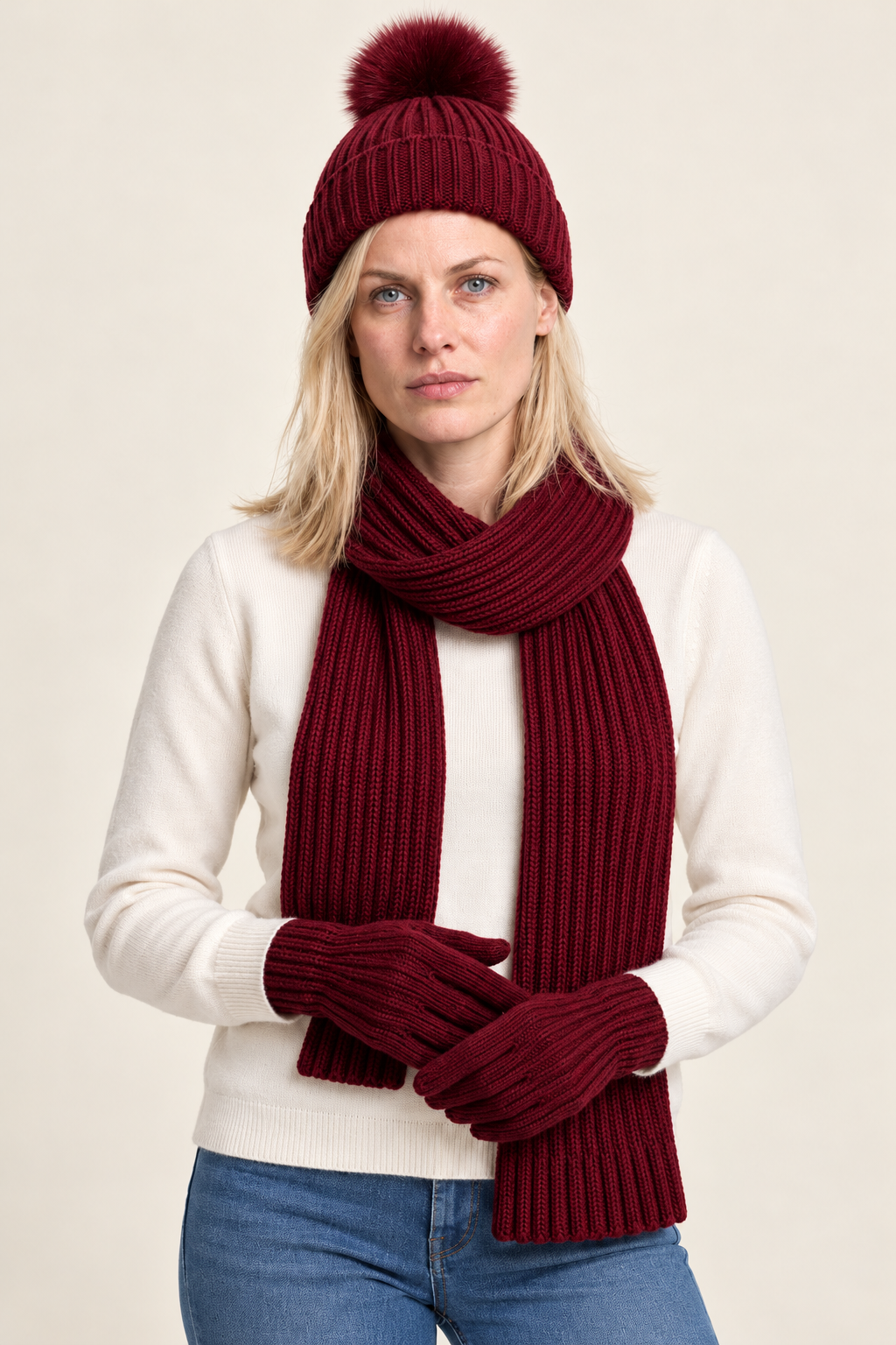 Annelies | Ribbed Pom-Pom Beanie Scarf and Gloves Set