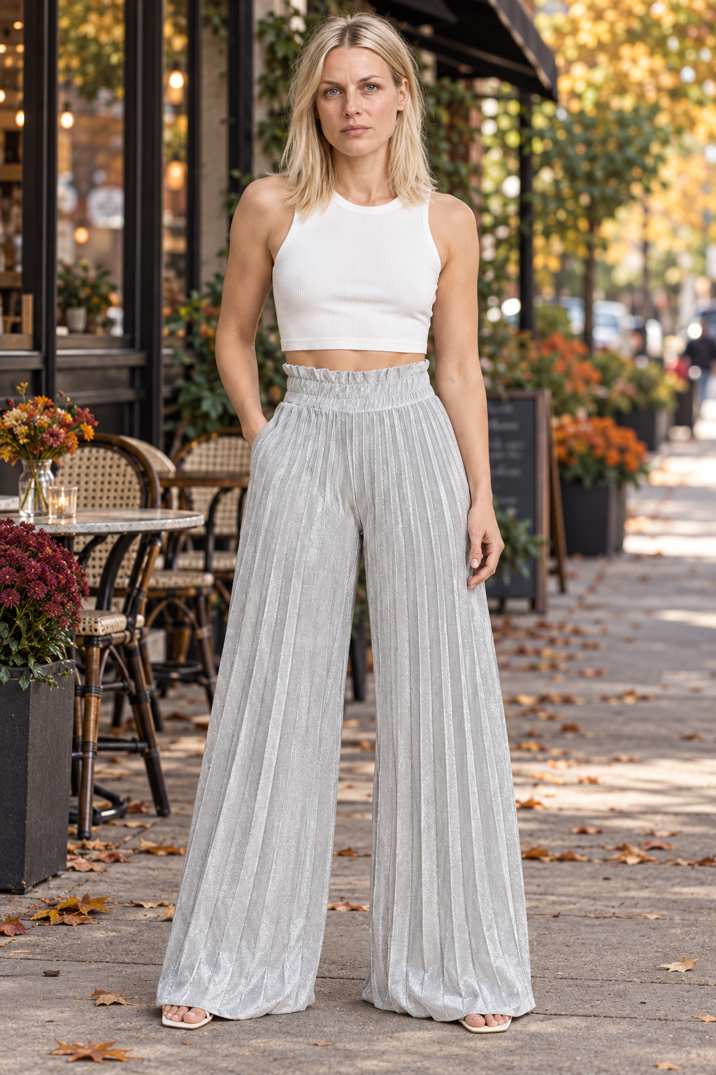 Renske | Shimmer Pleated High-Waisted Wide-Leg Pants